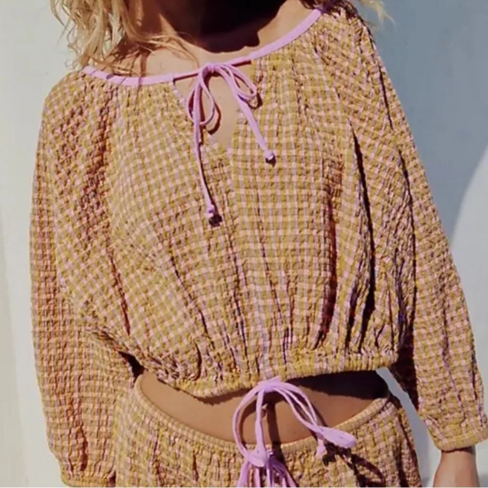 FREE PEOPLE EST GINGHAM PLAID TOP with  PINK TRIM TIE BOWS ! S